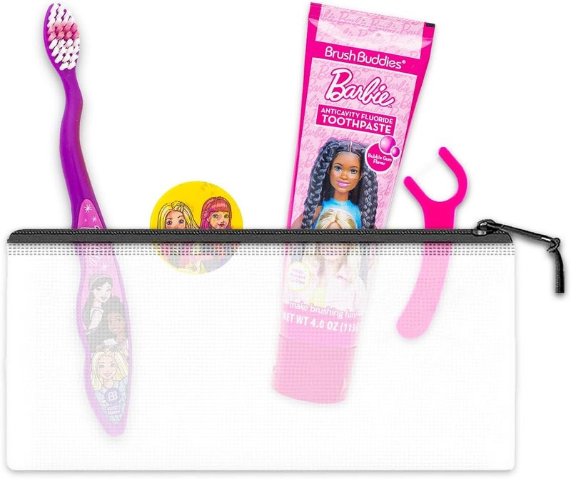 Barbie Oral Care Traveling Kit for Kids - Bundle with Toothbrush with Cover, Toothpaste, Floss Pack, Travel Bag, and More for Girls, Toddlers | Toothbrush Set - Image 4